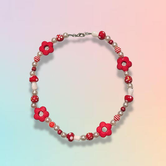 Red Mushroom & Flower Beaded Necklace