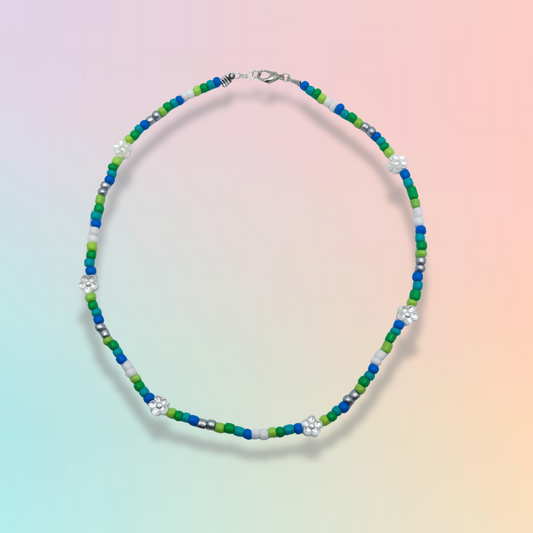 Blue & Green Flower Pearl Necklace
