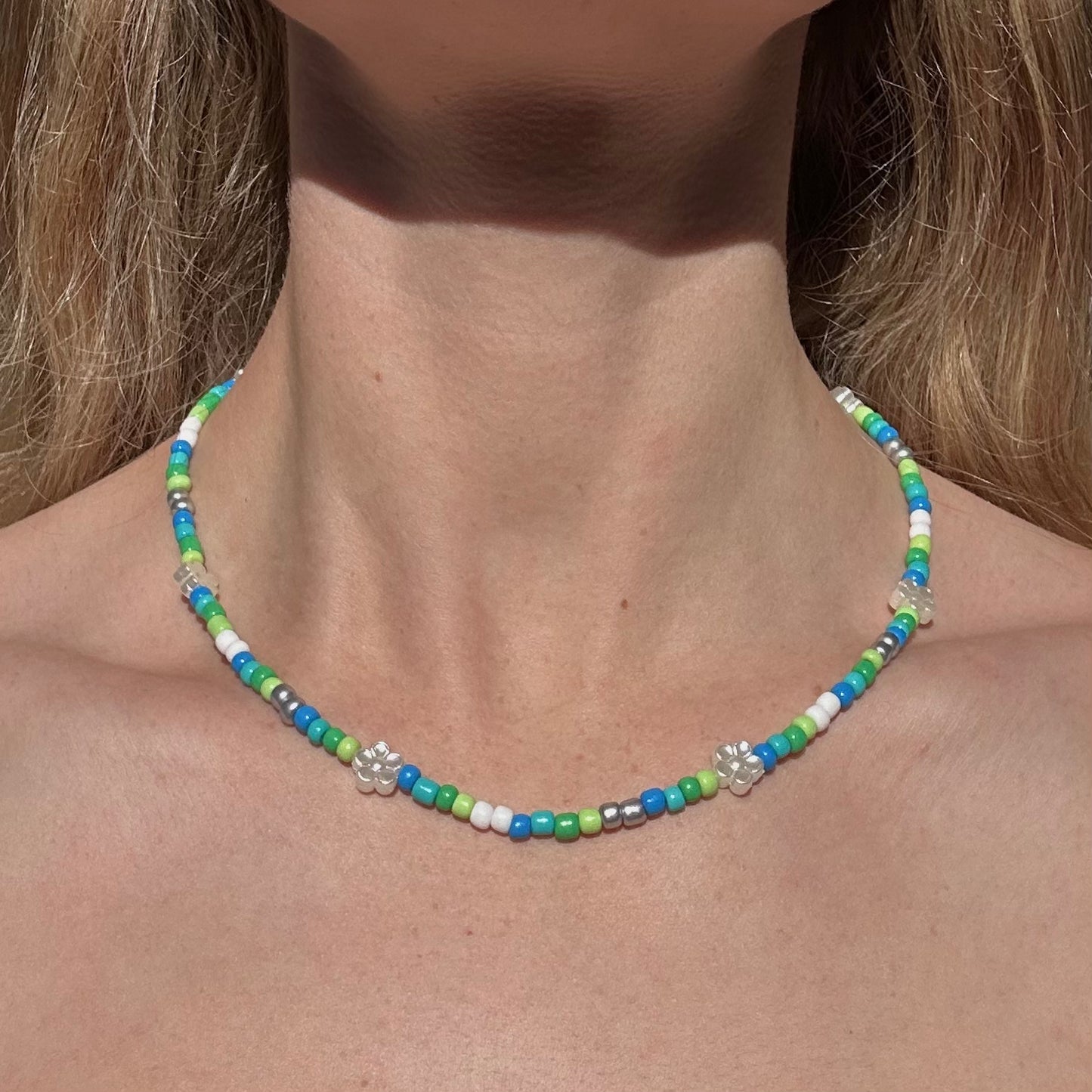 Blue & Green Flower Pearl Necklace