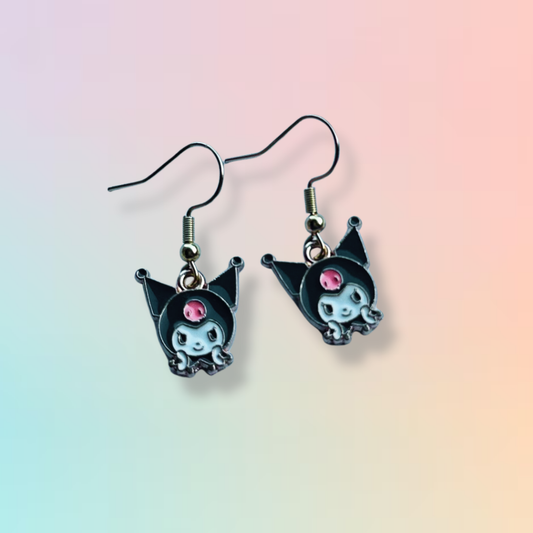 Kuromi earrings on Daisy Chikk pastel earring card with purple and blue ombré background – handmade Sanrio-style kawaii jewellery