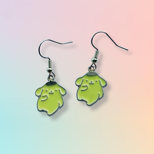 pompompurin earrings on Daisy Chikk pastel earring card with purple and blue ombré background – handmade Sanrio-style kawaii jewellery