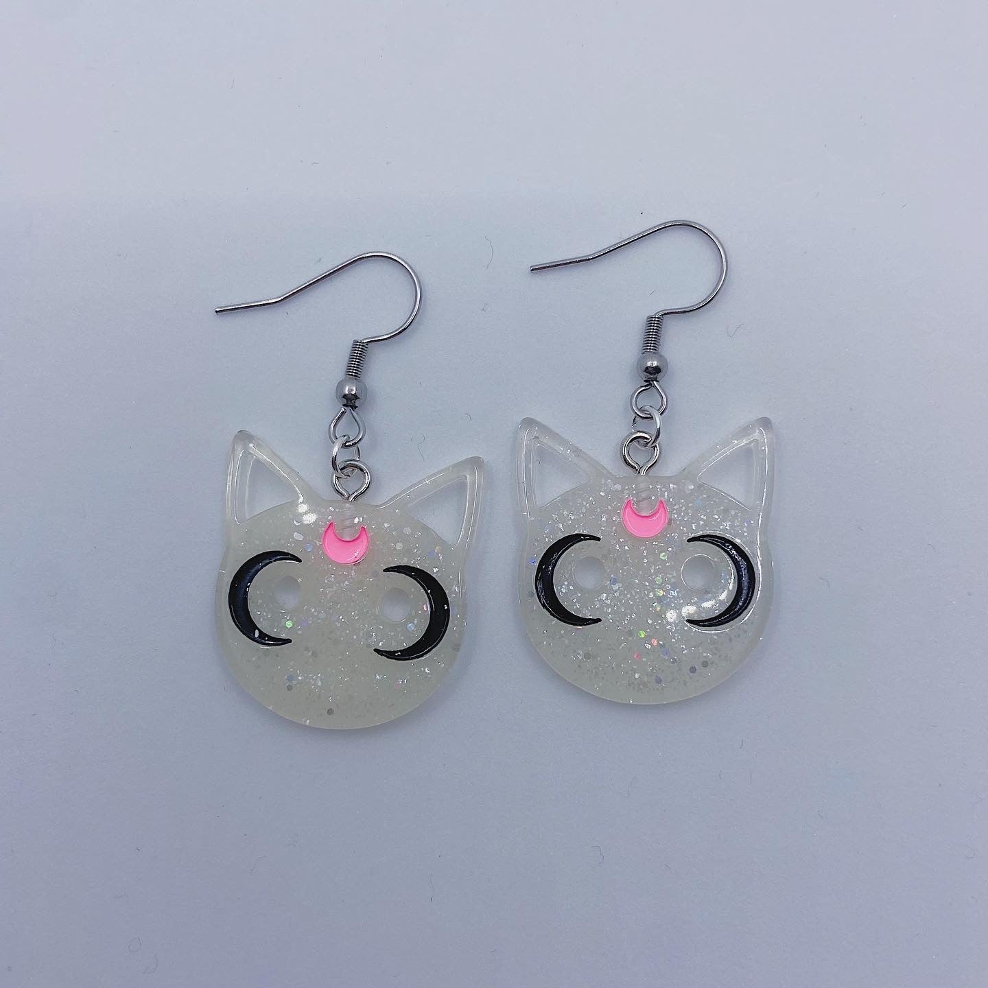 White Moon Cat Earrings