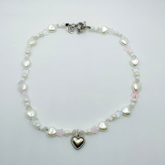 Clear & Rose Quartz Heart Beaded Necklace