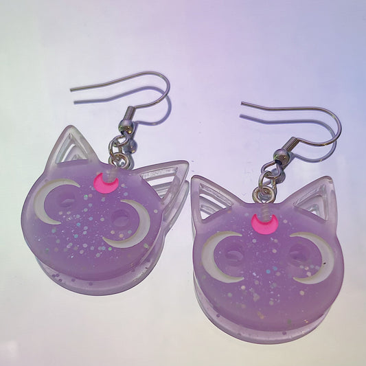 Purple Moon Cat Earrings
