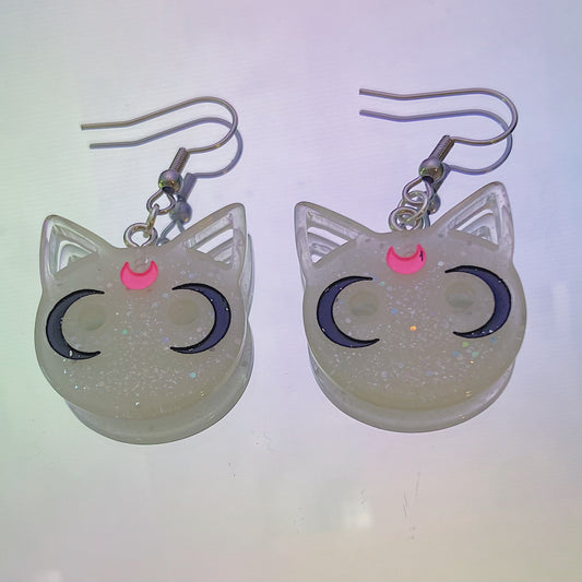 White Moon Cat Earrings