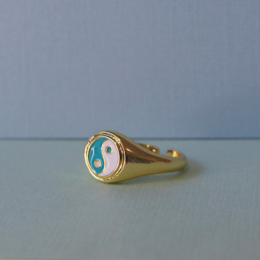 Aqua Yin Yang Enamel Ring